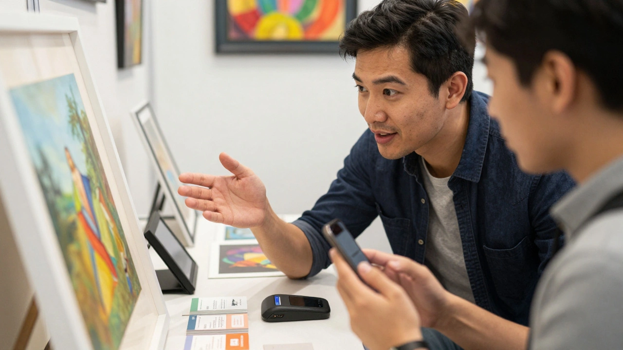 Artist talking with a buyer who is photographing artwork at a trade show booth.