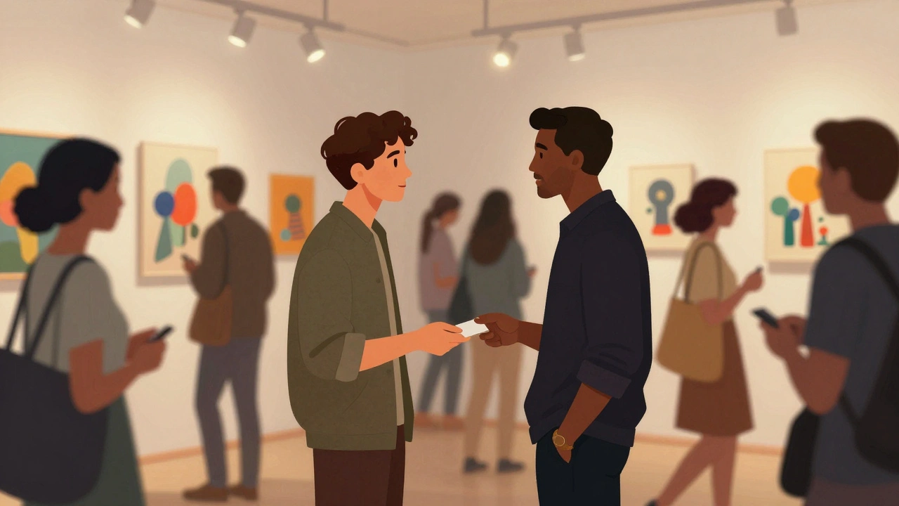 Artists and curators networking at a lively gallery opening event.