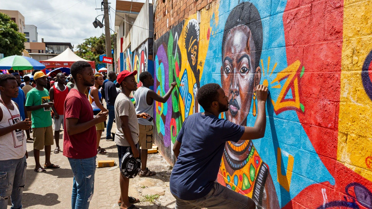 Artists creating vibrant street murals at a festival in Lagos
