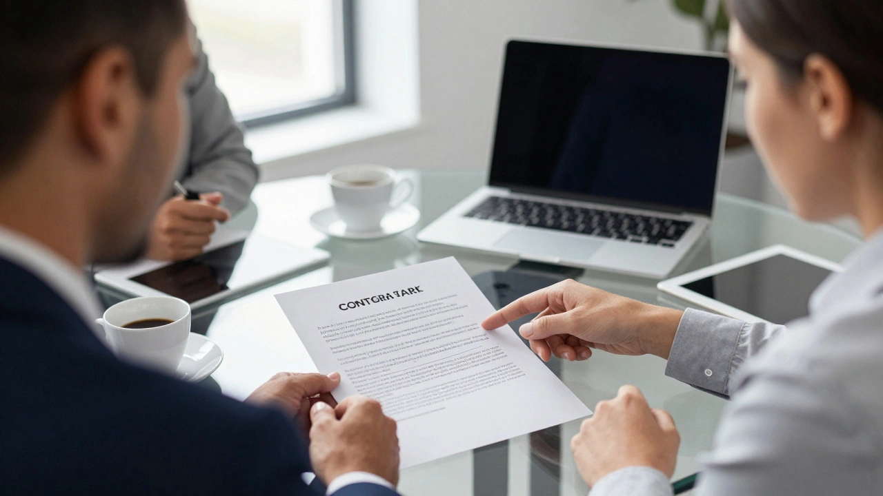 Business professionals reviewing detailed contract terms during a serious negotiation meeting.