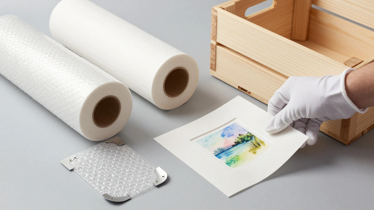 Careful packing of artwork with bubble wrap and wooden crate for shipping