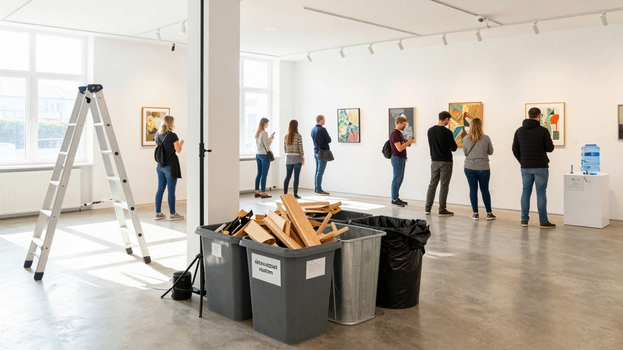 Clean gallery installation area with debris bins and visitors using a water refill station.