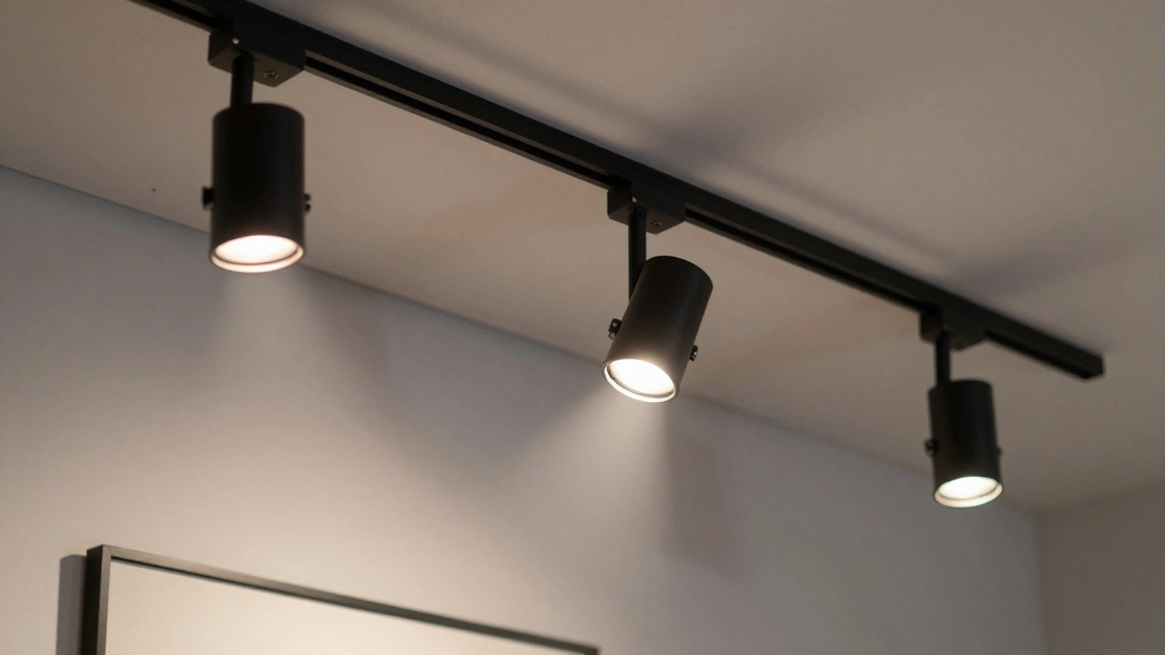Close-up of adjustable track lighting fixtures on a gallery ceiling casting precise beams.