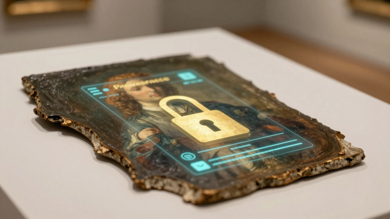 Close-up of an oil painting with a digital blockchain overlay symbolizing provenance
