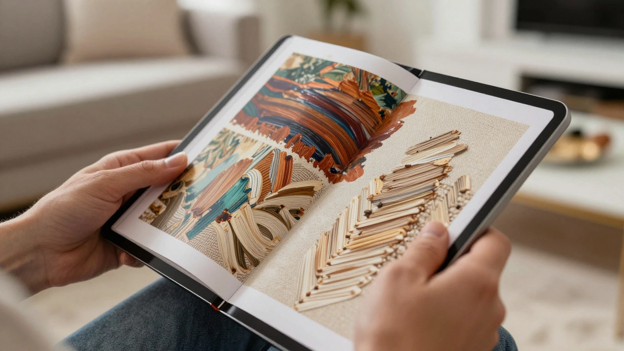 Collector examining detailed textures of artwork on a tablet