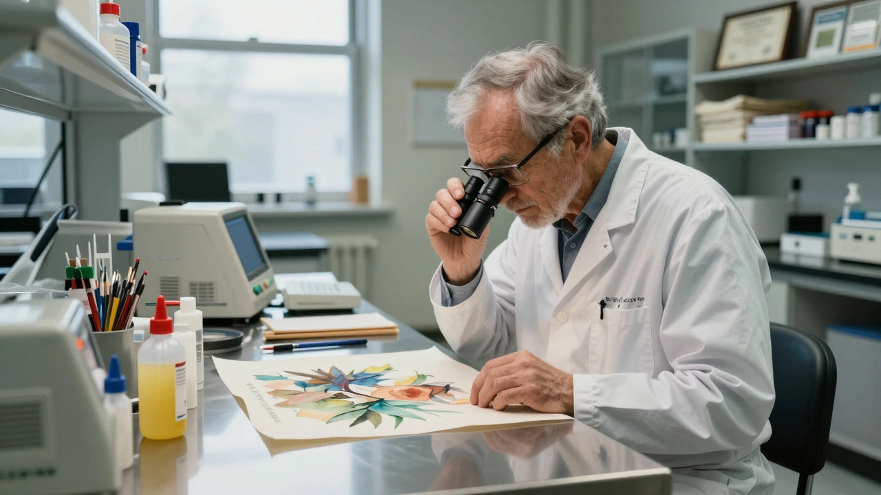 Conservator examining artwork with microscopes in a sterile lab.
