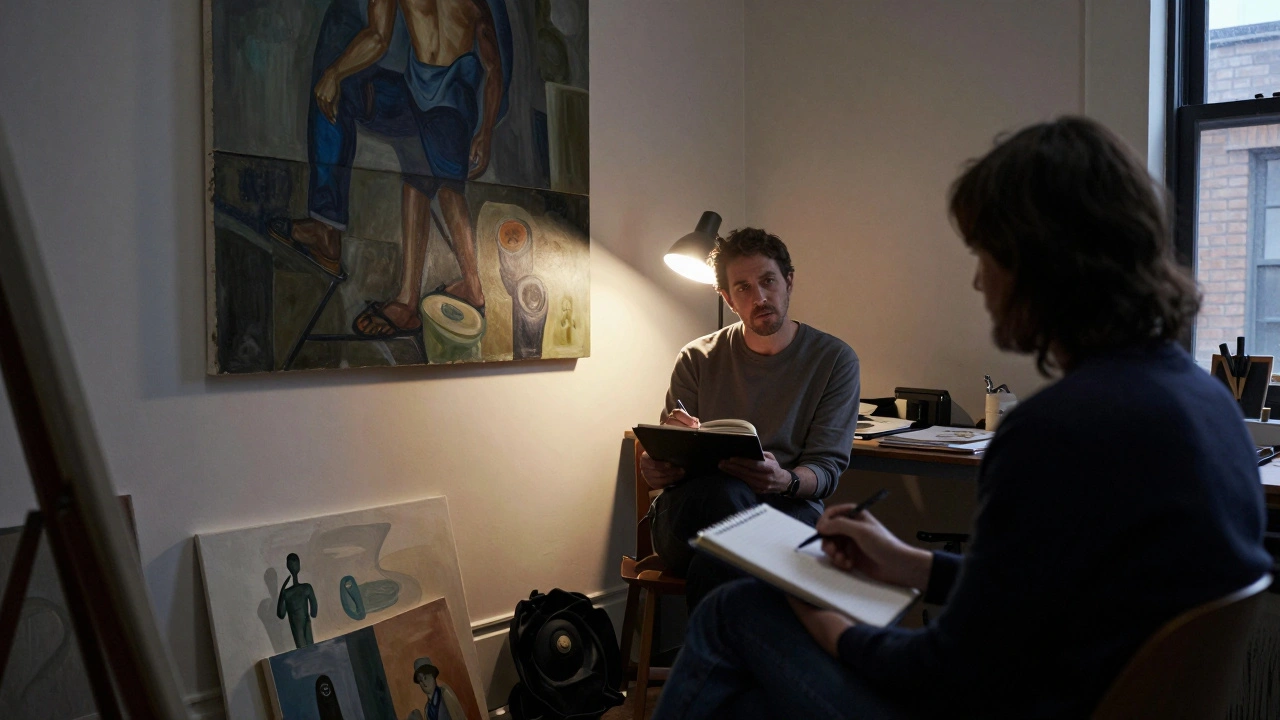 Critic taking notes in a dimly lit, cluttered artist studio