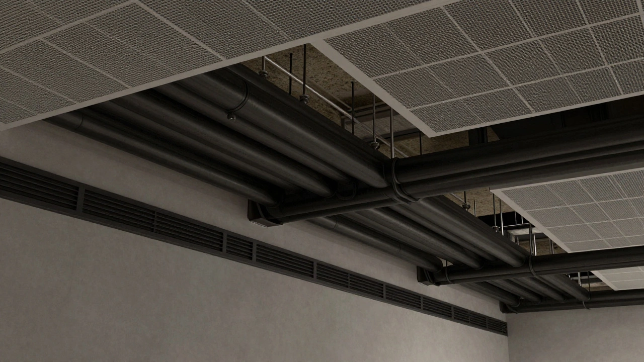 Cross-section view revealing hidden HVAC ducts and rigging points above a gallery ceiling.