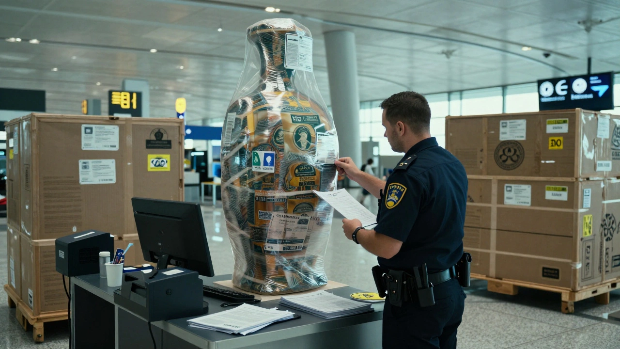 Customs officer inspecting wrapped sculpture at airport