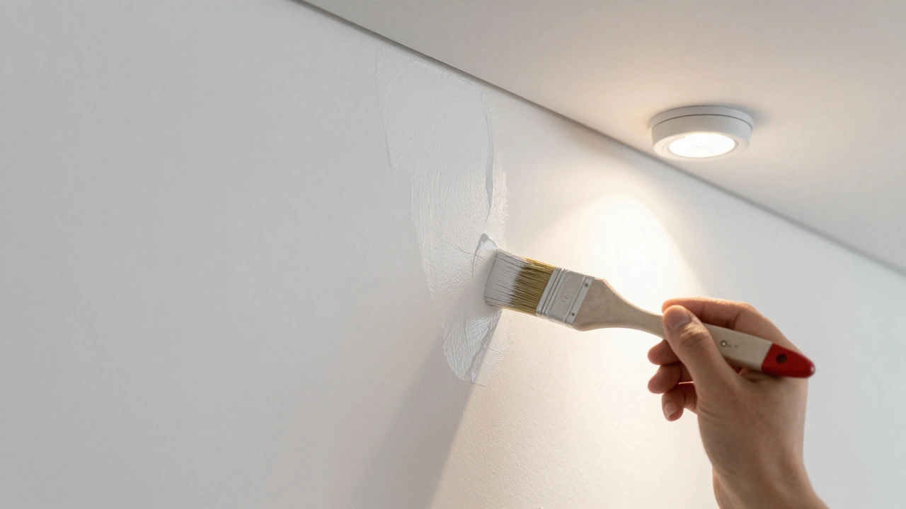 Designer painting a cable raceway to blend seamlessly with a white gallery wall
