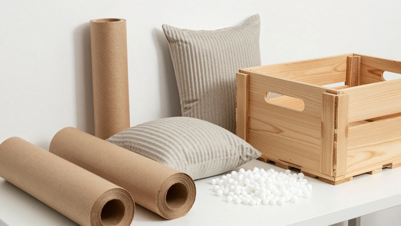 Eco-friendly packaging like honeycomb paper and wooden crates next to banned Styrofoam.