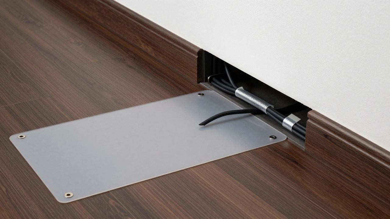 Floor grommet covered by a rubber ramp hiding cables for a gallery sculpture