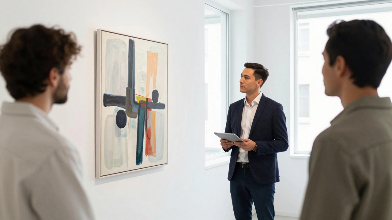 Gallery director reviewing art with an artist in a modern exhibition space.