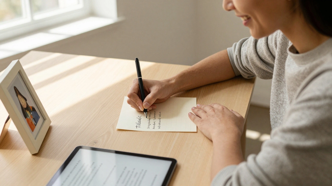 Gallery owner writing a personalized handwritten note