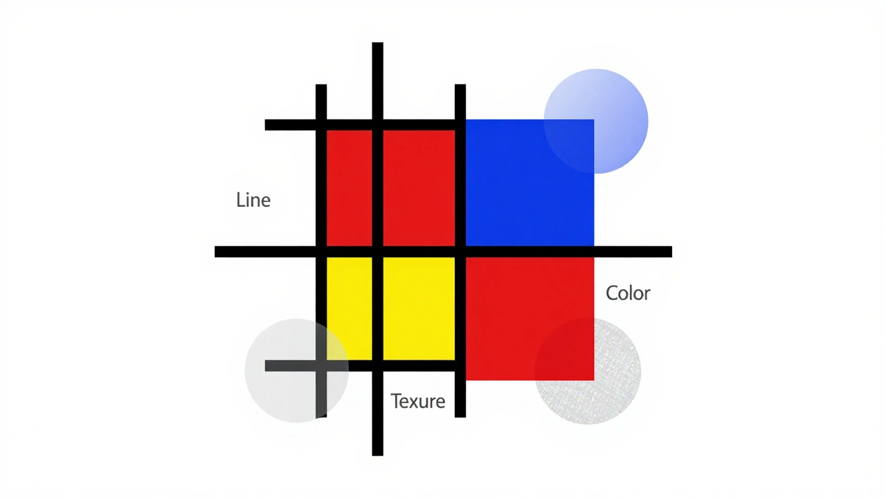 Geometric grid with primary colors illustrating formalist composition principles.
