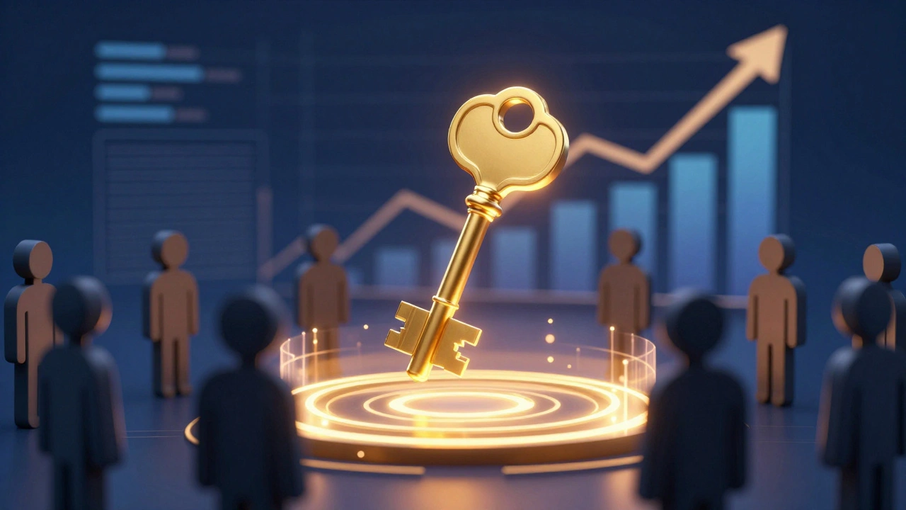 Golden key protected by a barrier symbolizing exclusive IP rights and market value