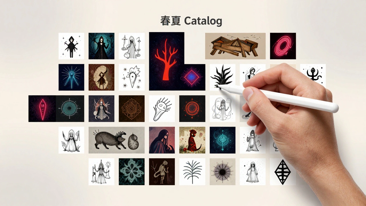 Illustration of an artist curating diverse sketches into a cohesive commercial collection grid.