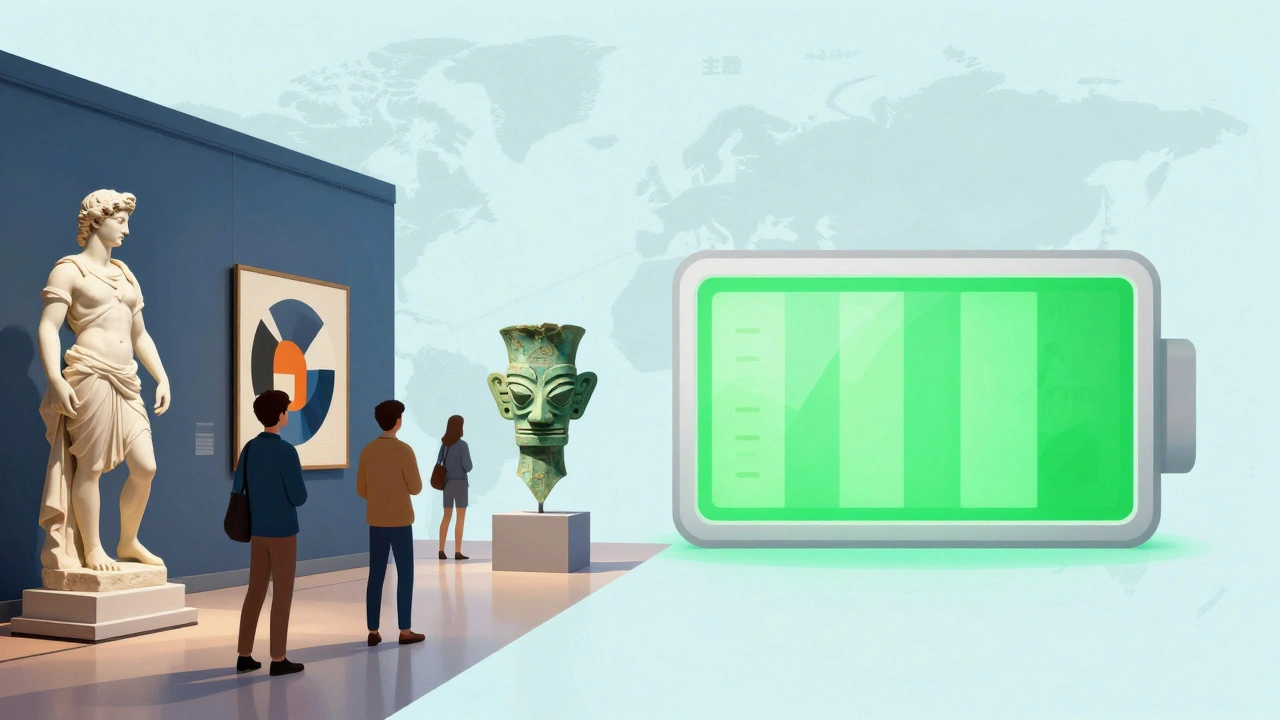Illustration of diverse artworks and energy gauge showing smart museum planning