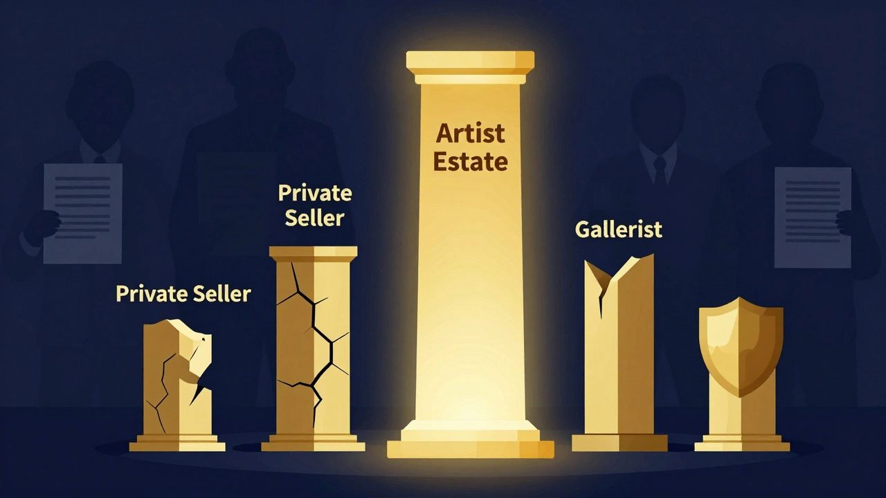 Illustration of trust hierarchy in art authentication with symbolic pillars