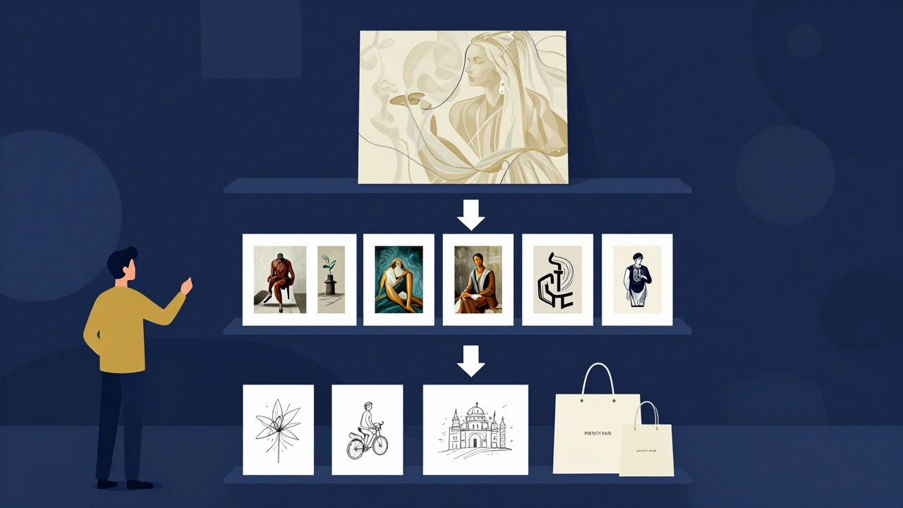Illustration showing a tiered sales structure from originals to prints for art buyers.