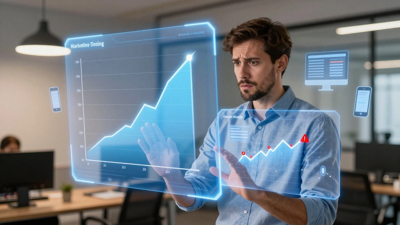 Marketing manager analyzing conflicting holographic data charts in a modern office setting.