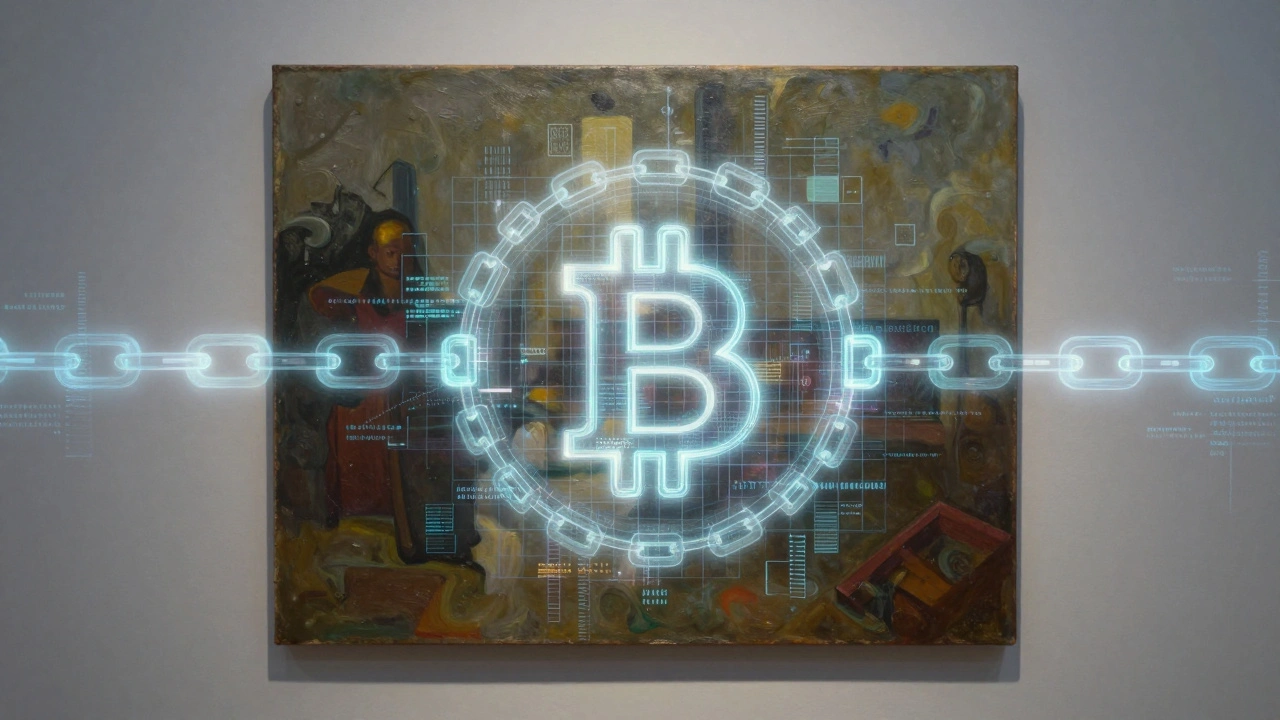 Oil painting overlaid with glowing blockchain graphics symbolizing digital provenance