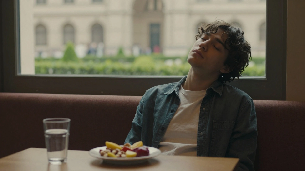 Person resting on bench with healthy snacks and water during museum break