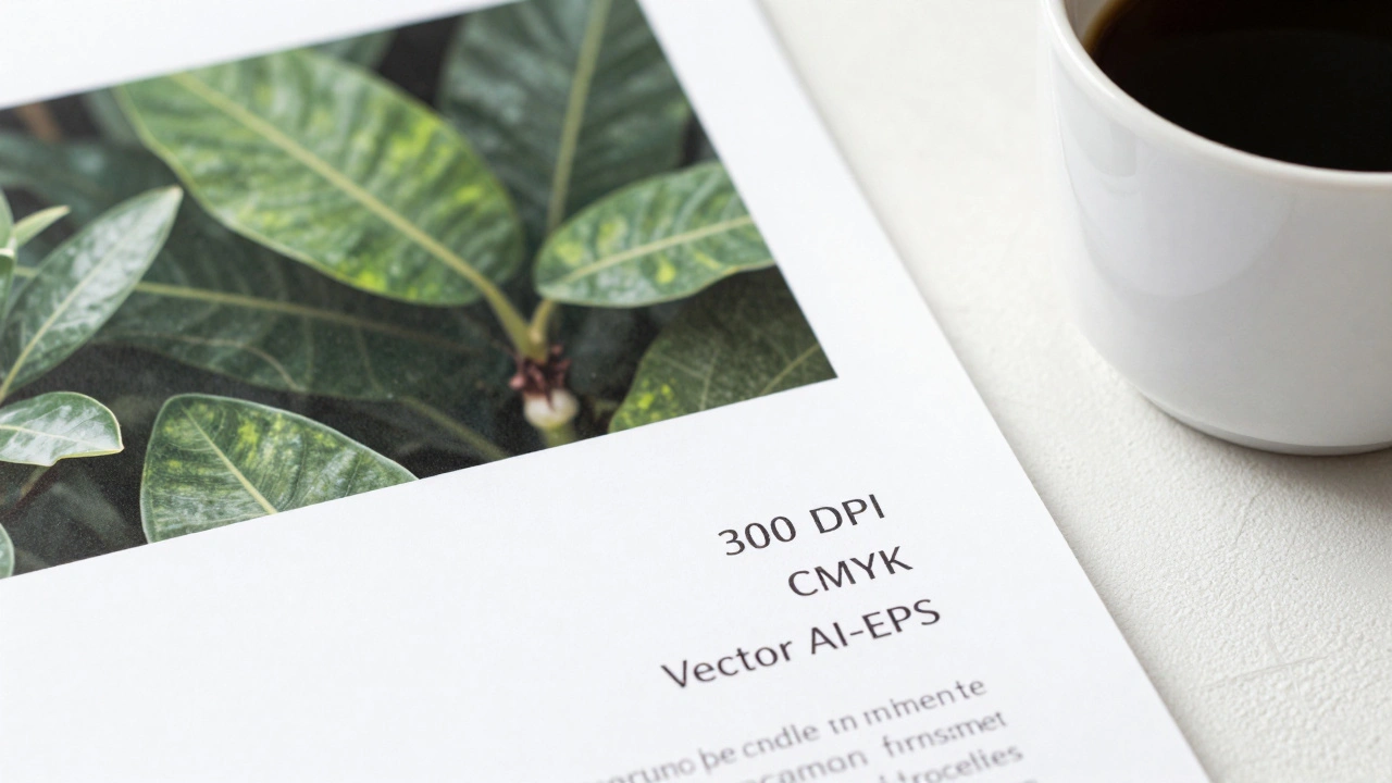 Printed pitch sheet with technical specs and botanical art next to a coffee cup.