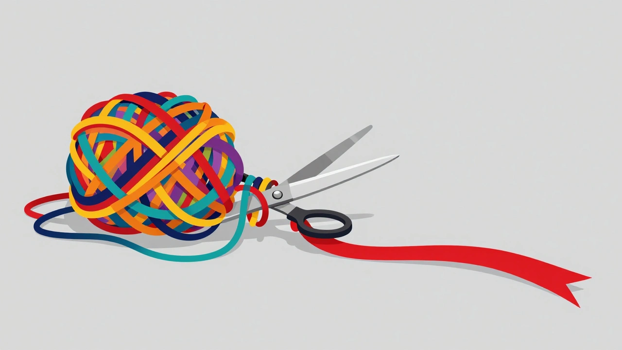 Scissors cutting tangled yarn into a smooth ribbon, symbolizing editing a bio