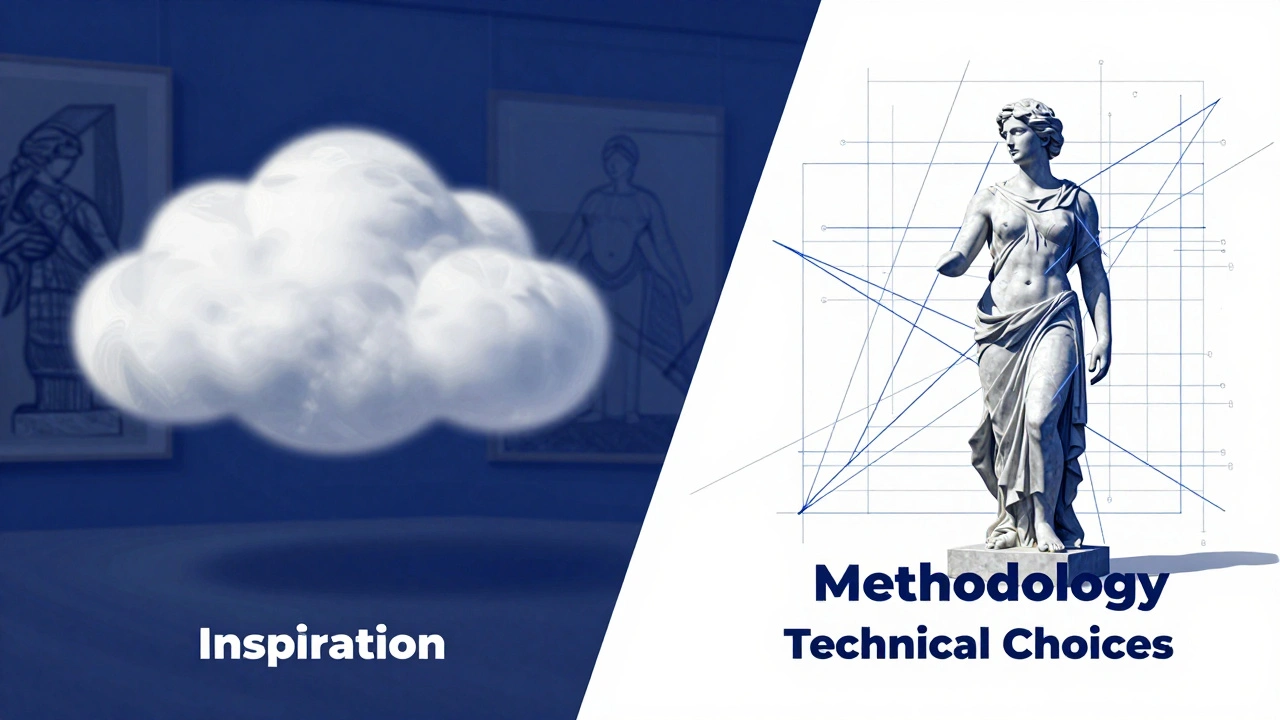 Split illustration contrasting vague inspiration with technical methodology