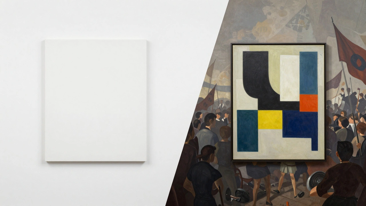 Split image contrasting isolated abstract art with chaotic historical context.