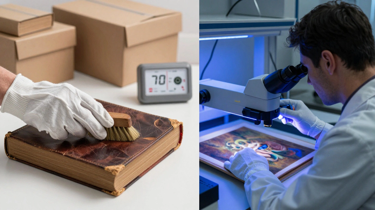 Split view of gentle book dusting versus high-tech lab analysis.