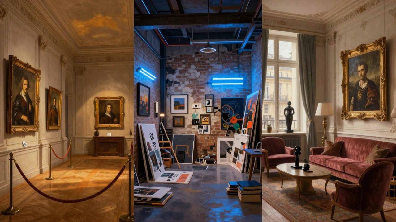 Split view of London auction, Berlin studio, and Paris salon
