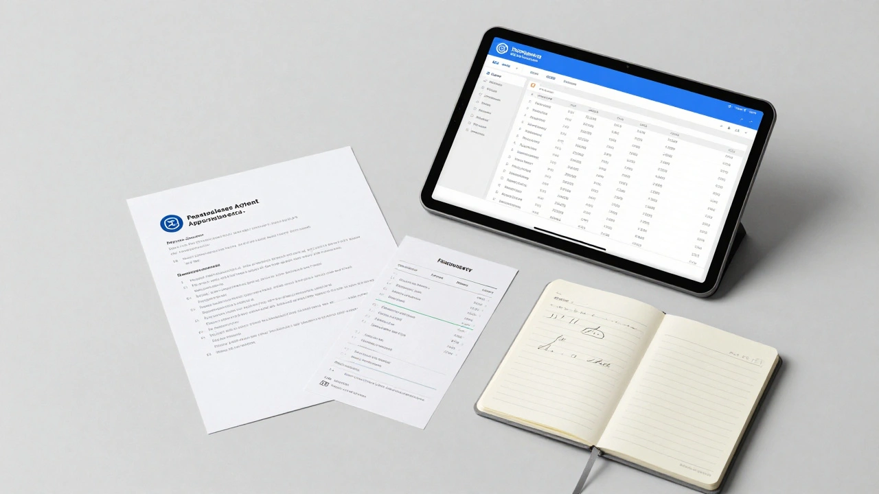 Tablet showing art inventory database next to appraisal documents