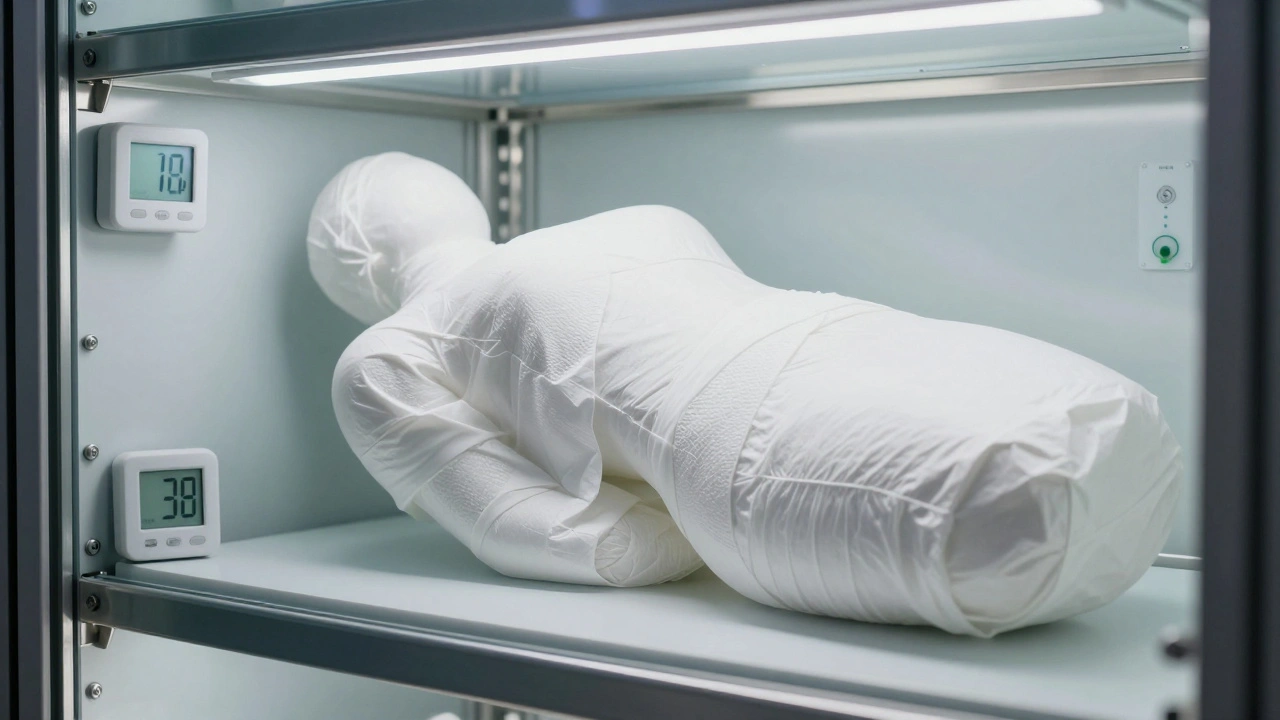 Climate-controlled vault storing wrapped artwork with security monitors