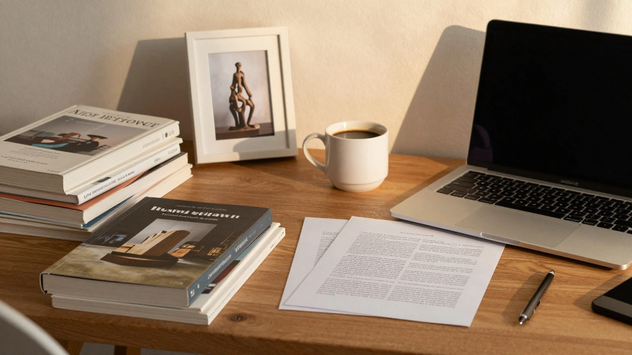 Writer editing an art review at a cozy, book-filled desk