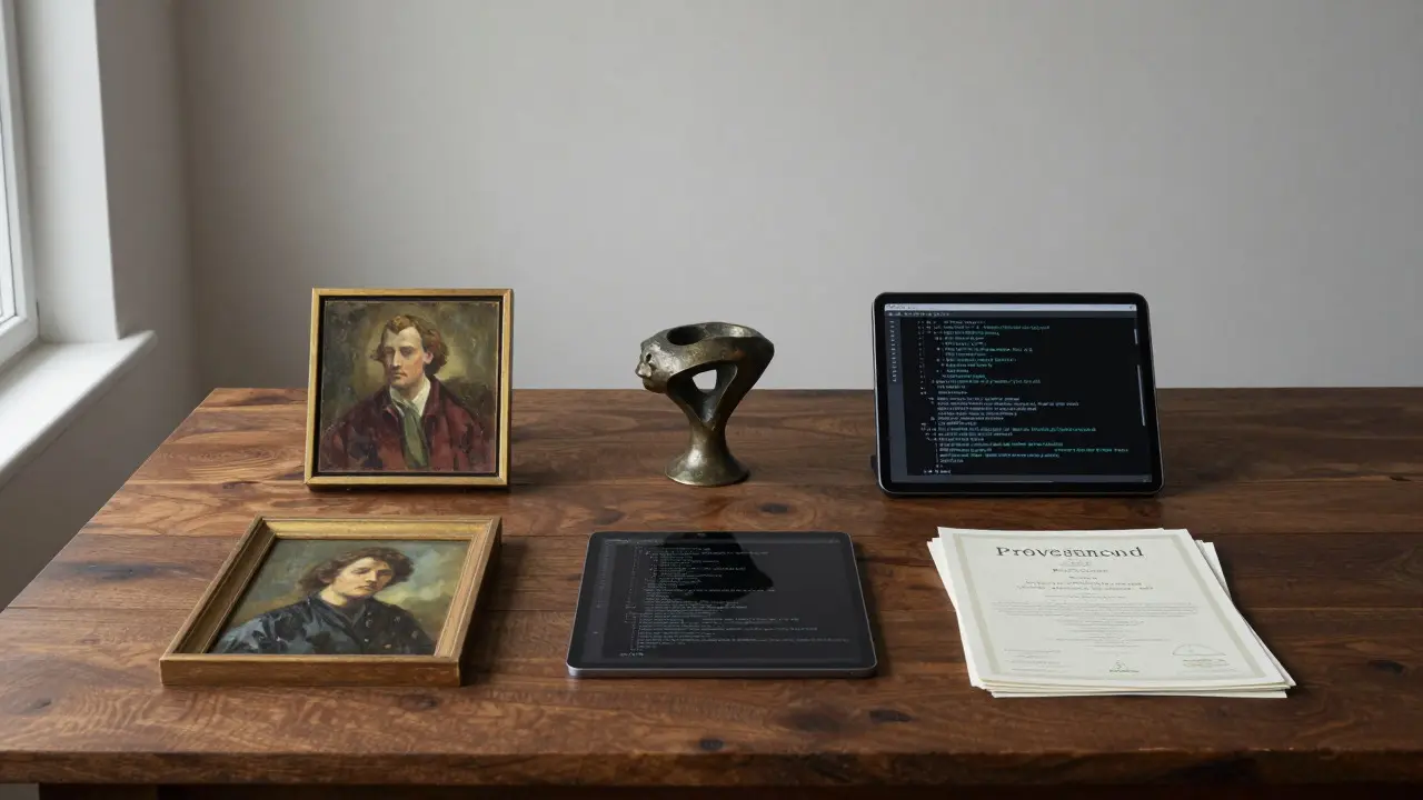 A balanced arrangement of paintings, sculptures, and documents representing a stable art portfolio.