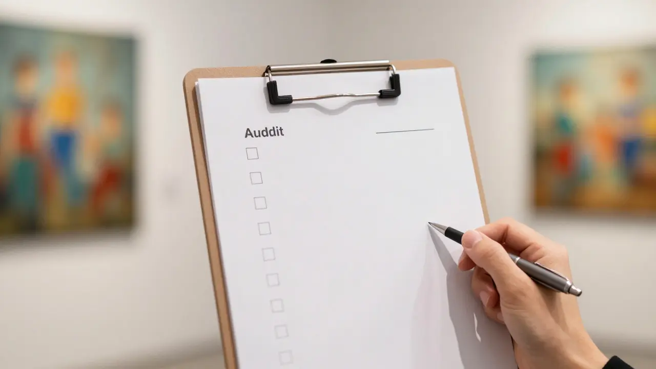 A close-up of a hand holding a clipboard with a checklist in front of a blurred art gallery background.