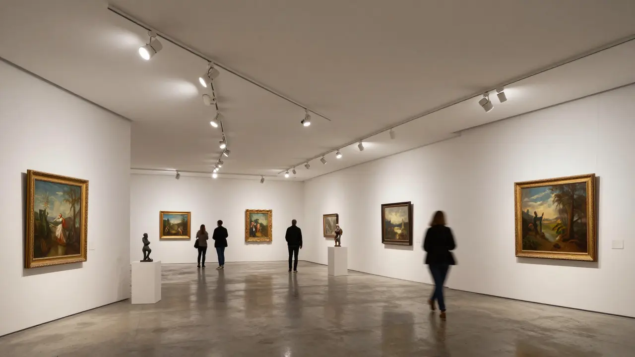 A commercial gallery with multiple track lights adjusting angles to highlight various artworks