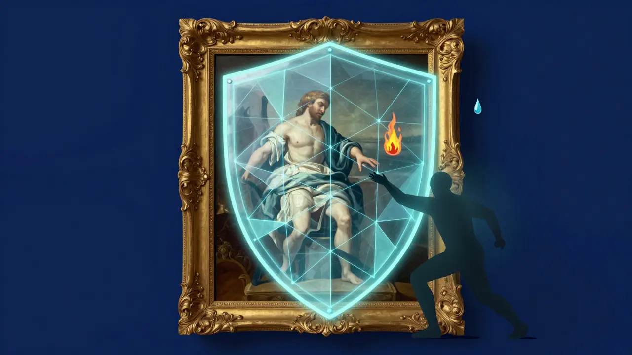 A conceptual illustration of a painting protected by a glowing shield against environmental hazards