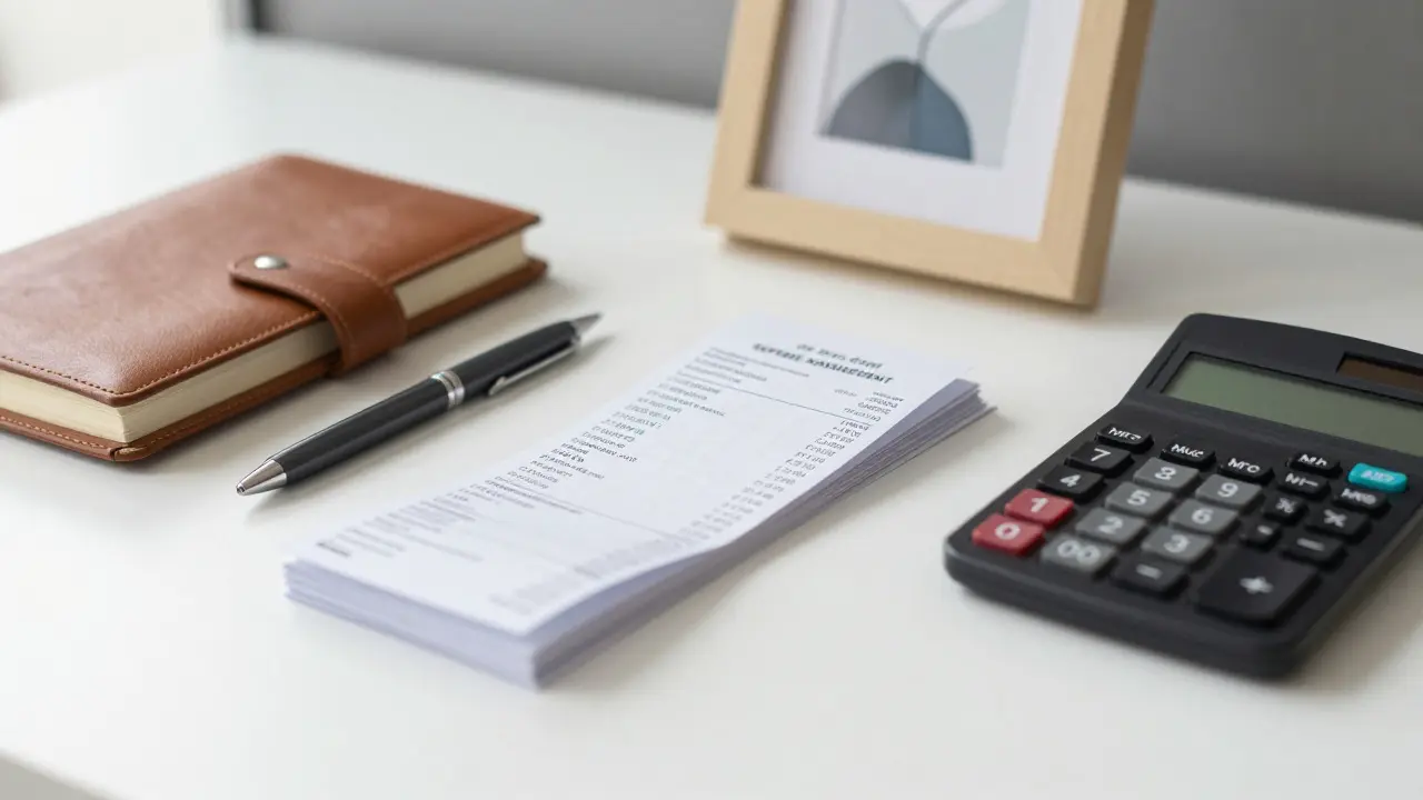 A desk setup with a notebook, calculator, and framed abstract art
