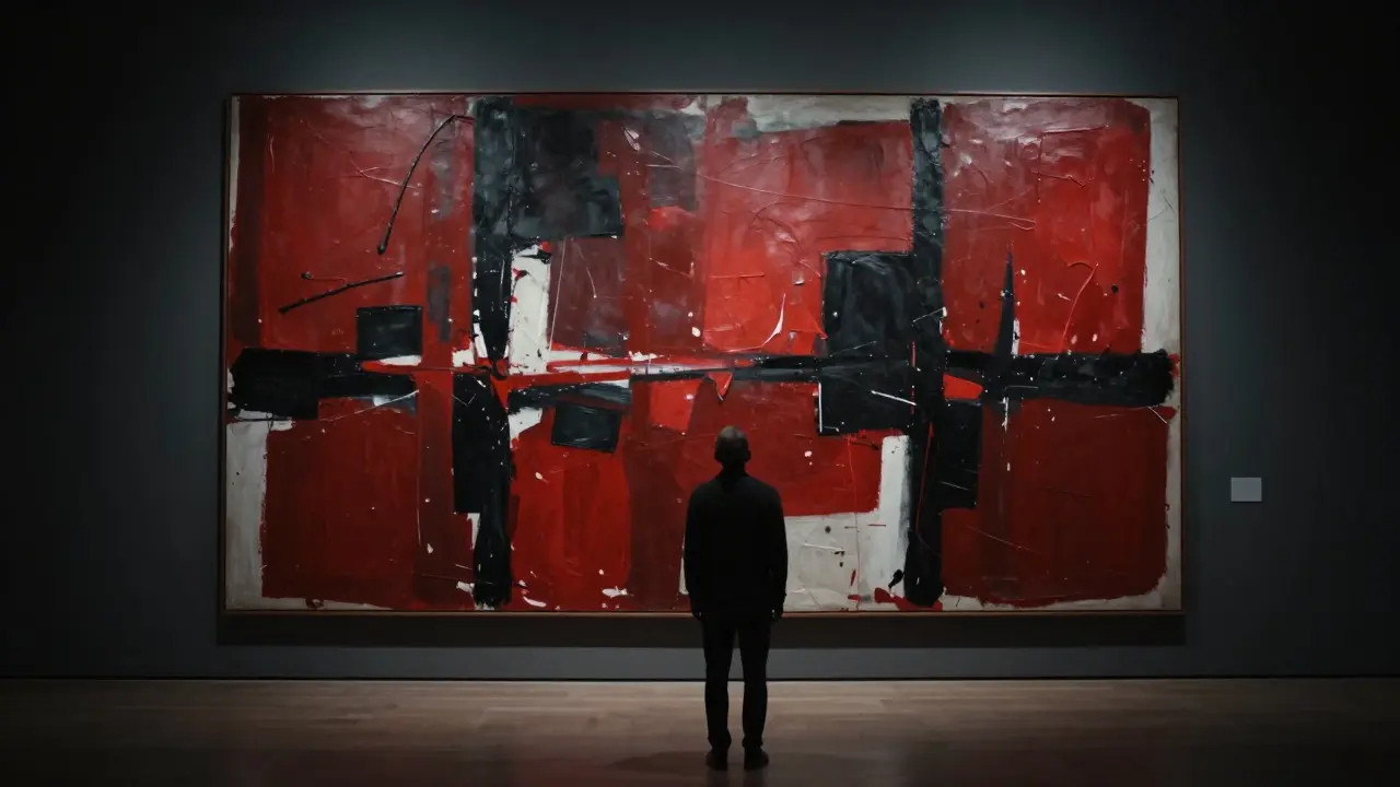 A person observing a large Abstract Expressionist painting in a dark gallery