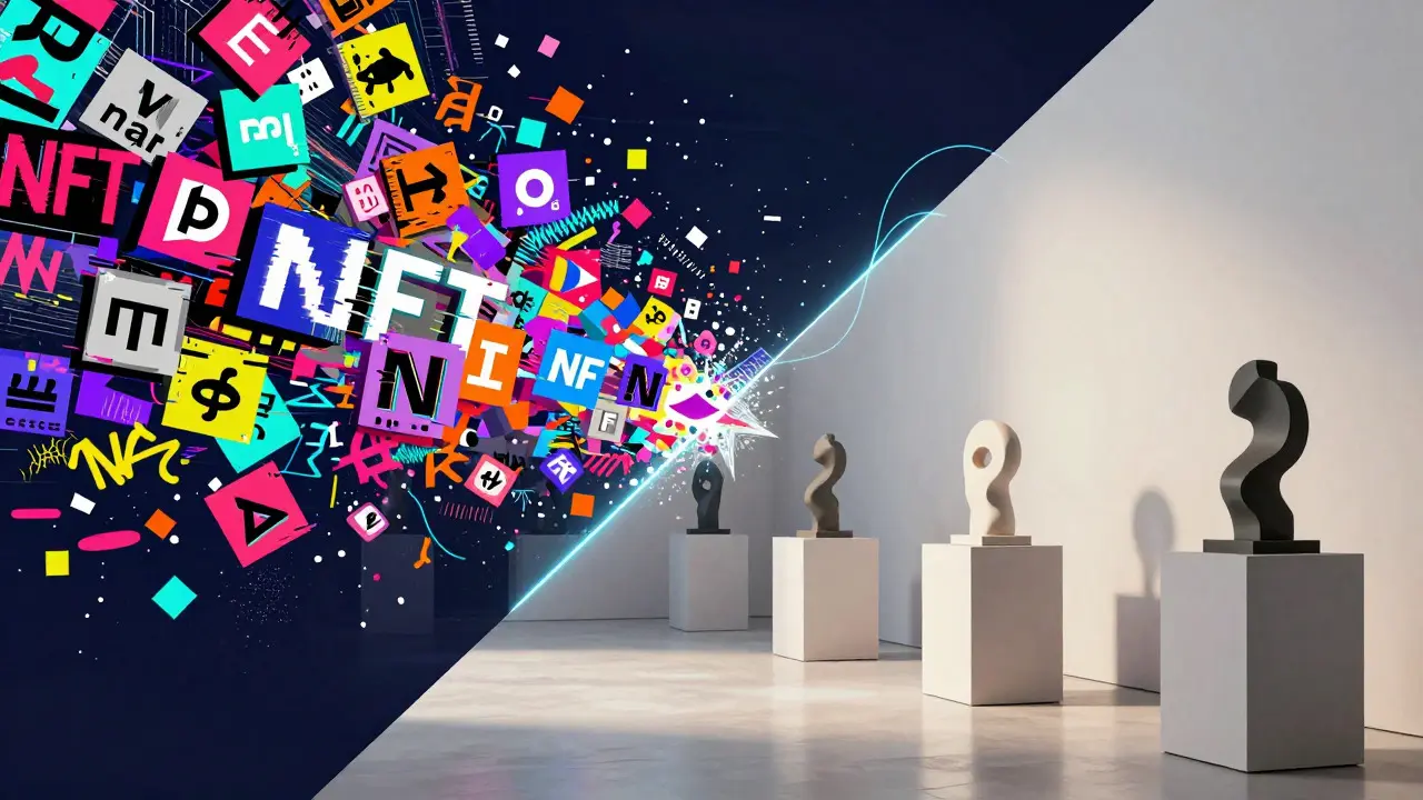 A split image showing pixelated NFTs contrasting with stable museum sculptures