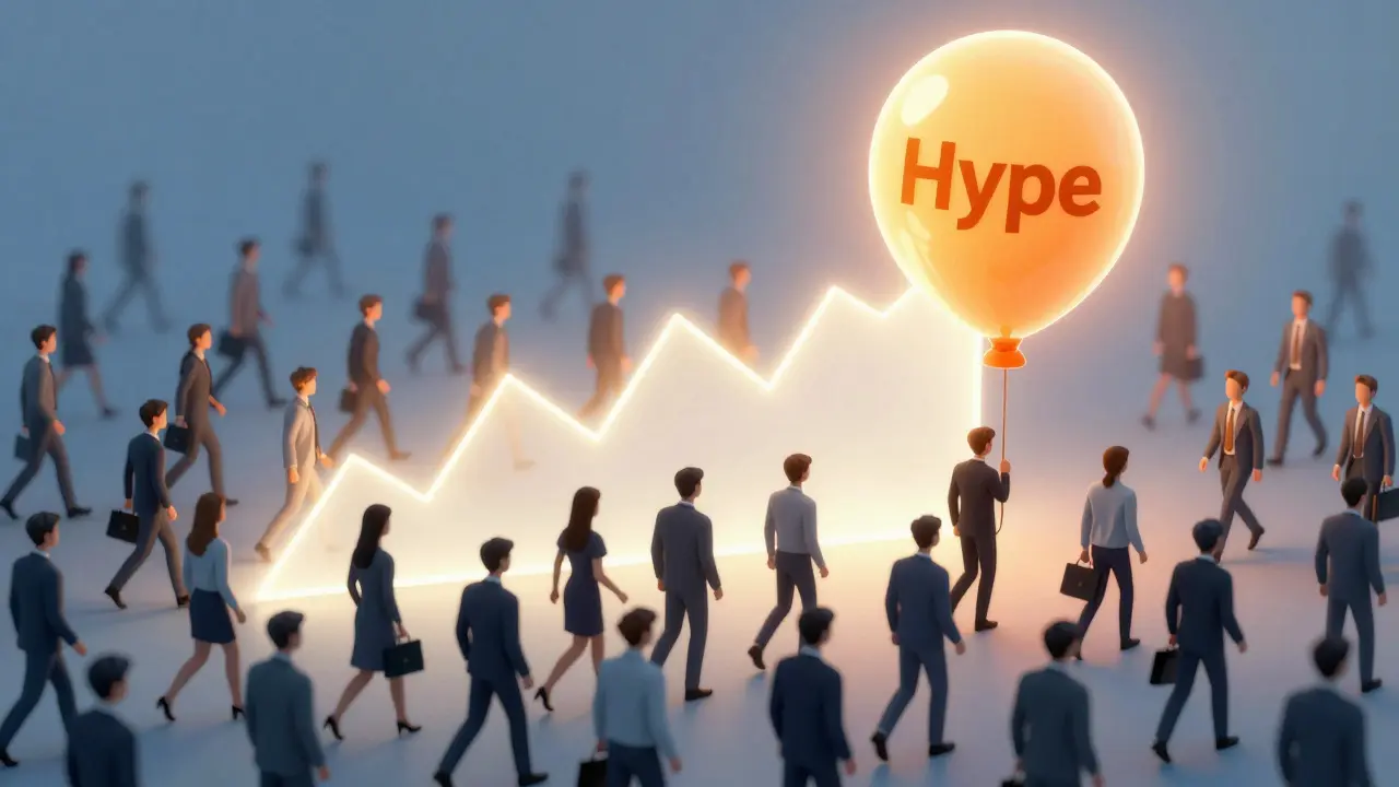 A stylized crowd chasing a glowing balloon, illustrating the psychology of herding in investments.