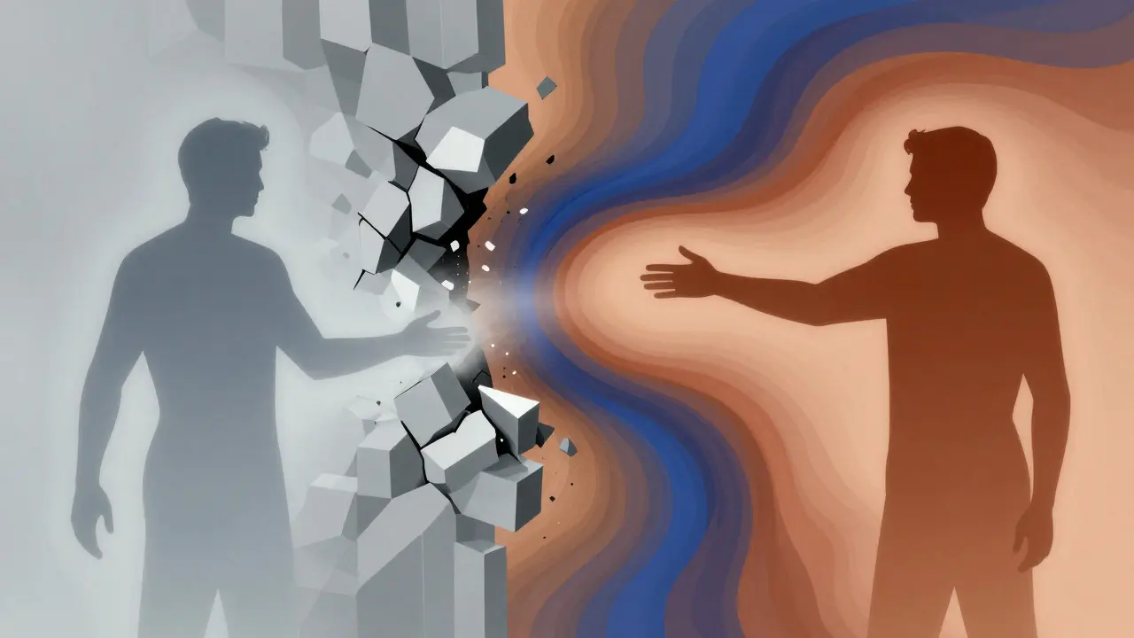 Abstract art showing a barrier dissolving as colors flow between two figures
