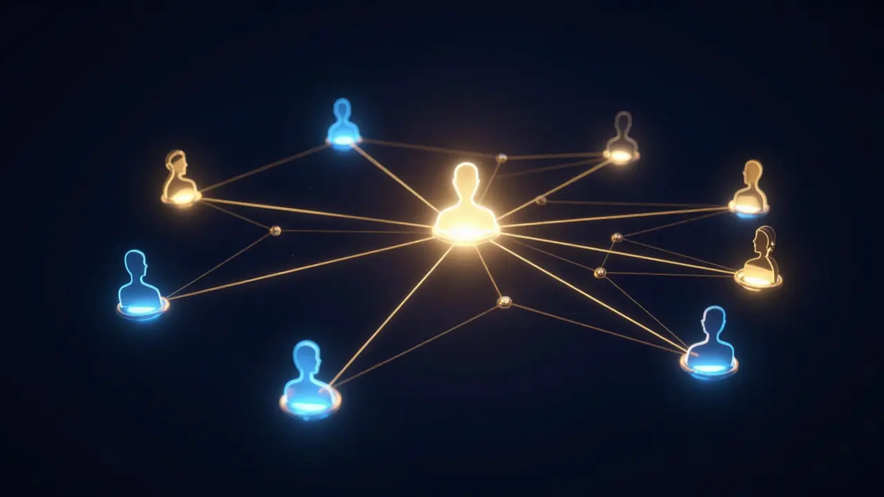 Abstract digital art showing a network of connected lights representing art industry relationships