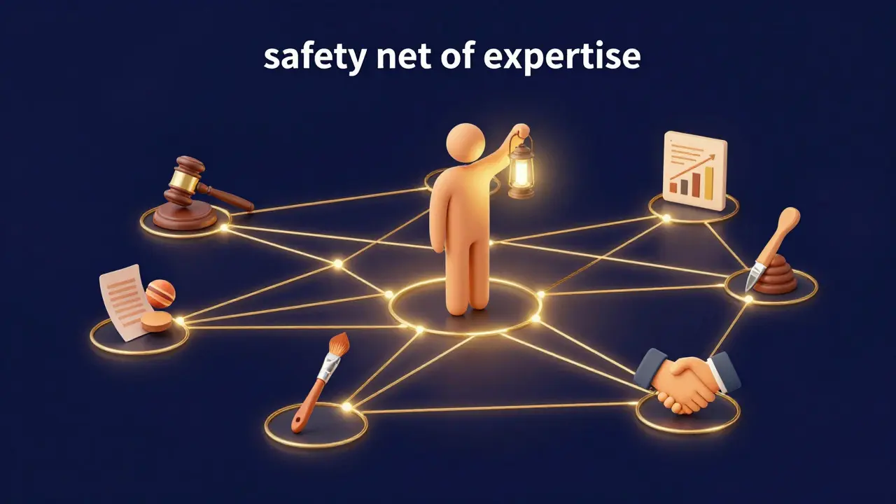 Abstract illustration of a central figure connected to various professional icons via a glowing web.