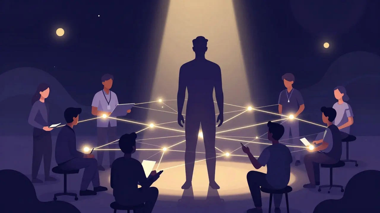 Abstract illustration of an artist connected to collaborators by glowing lines
