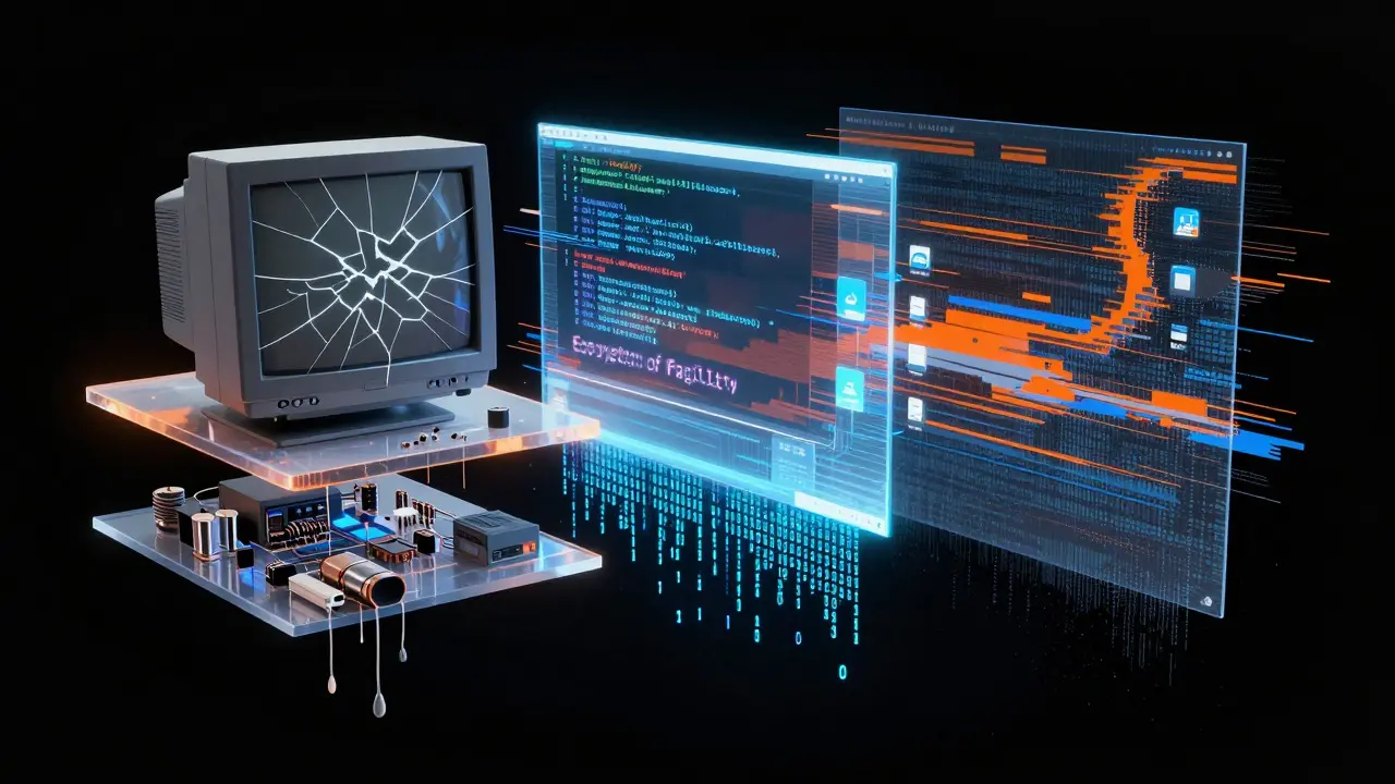 Abstract illustration of decaying hardware, software, and data layers
