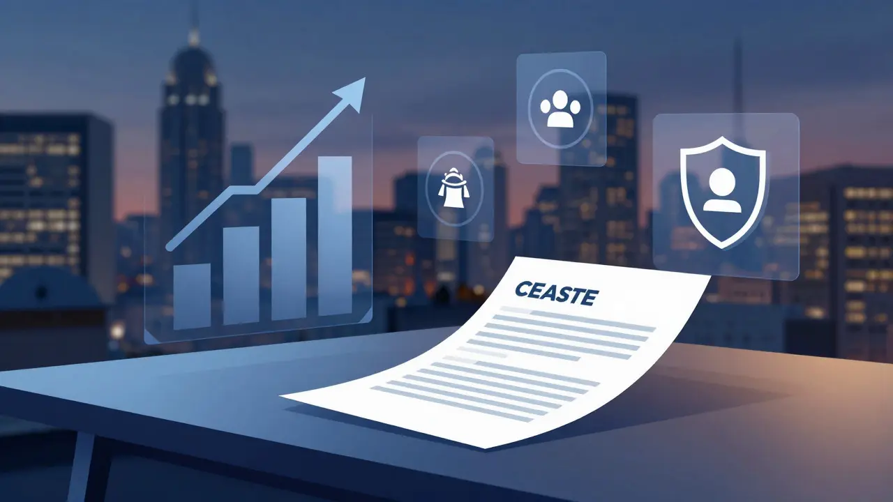Abstract illustration of gallery lease signing with financial data visuals